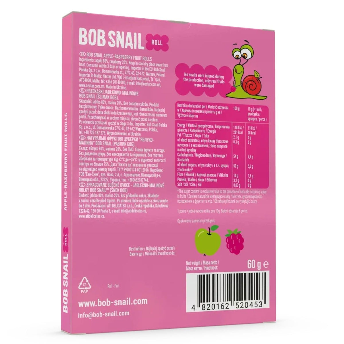 Bob Snail Apple & Raspberry Snack with No Added Sugar - 60 g