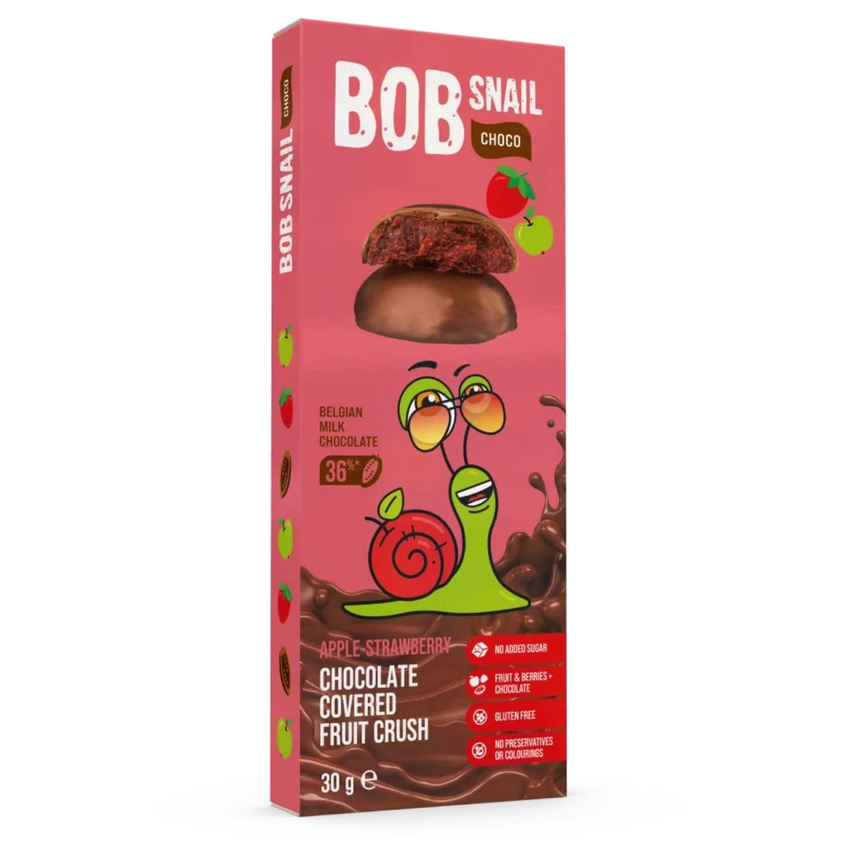Bob Snail Apple & Strawberry Snack in Belgian Chocolate, Sugar-Free - 30 g