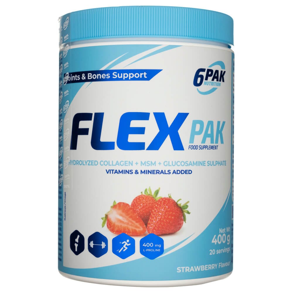 6PAK Flex Pak, Hydrolyzed Collagen + MSM + Glucosamine Sulphate, Strawberry Flavour - 400 g